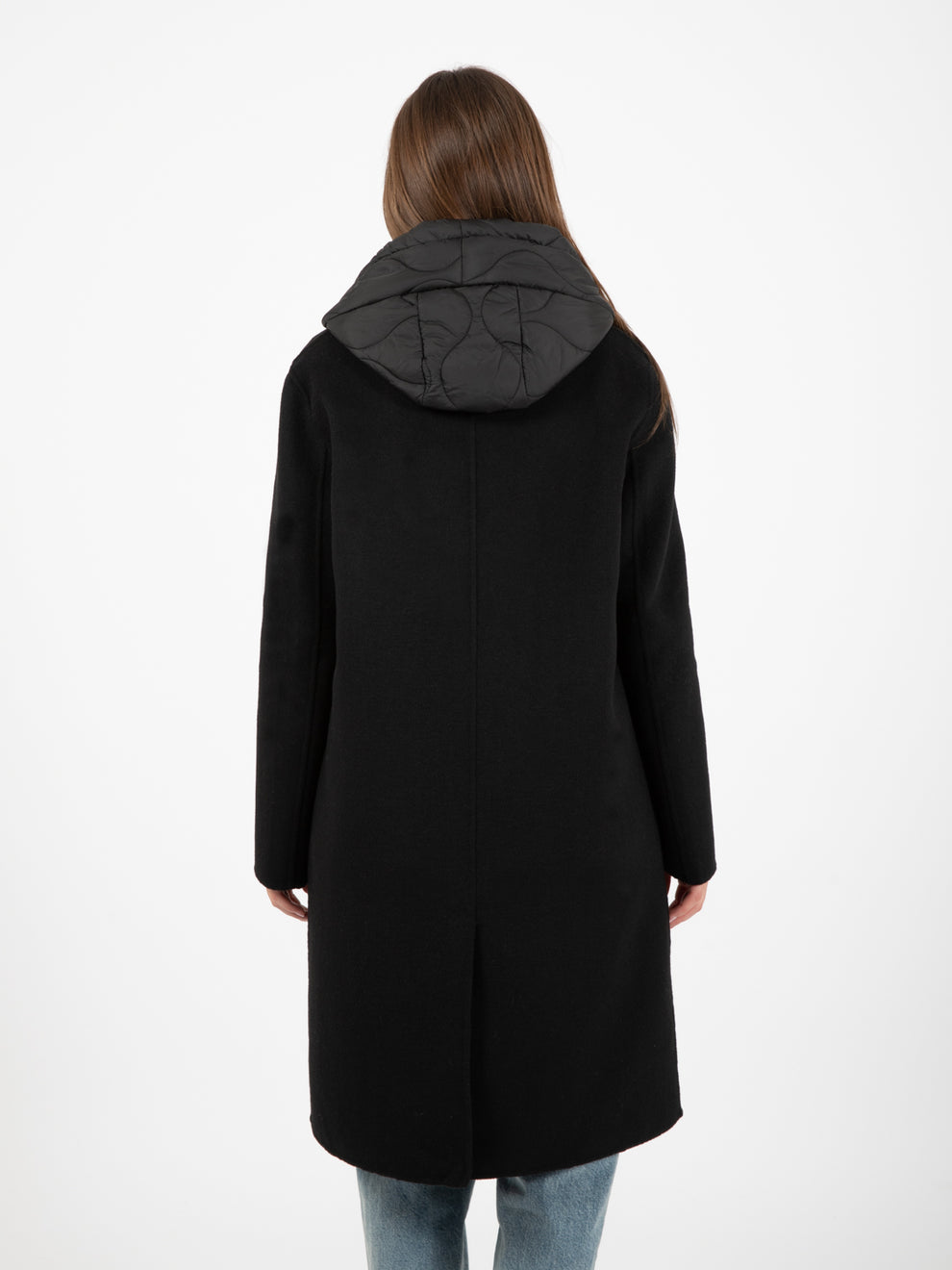 Cappotto doppiopetto con gilet piuma nero