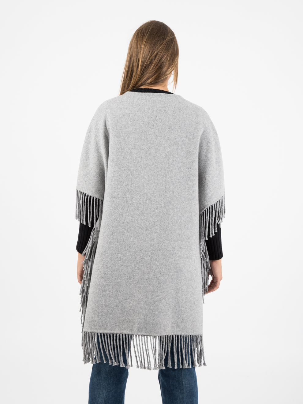 Cappotto in lana con frange grigio melange