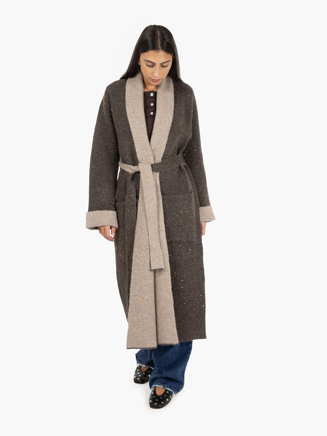 Cappotto in maglia con paillettes moro / beige