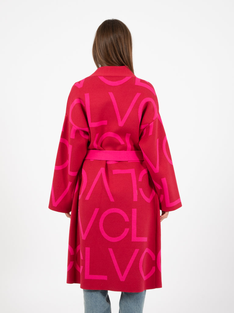 VICOLO - Cappotto in maglia logo lettering rosso / fuxia