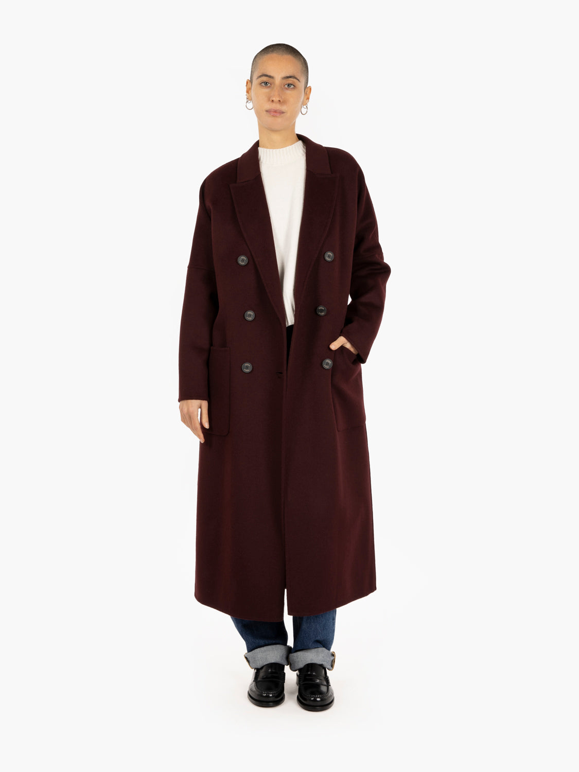 Long double-breasted burgundy coat