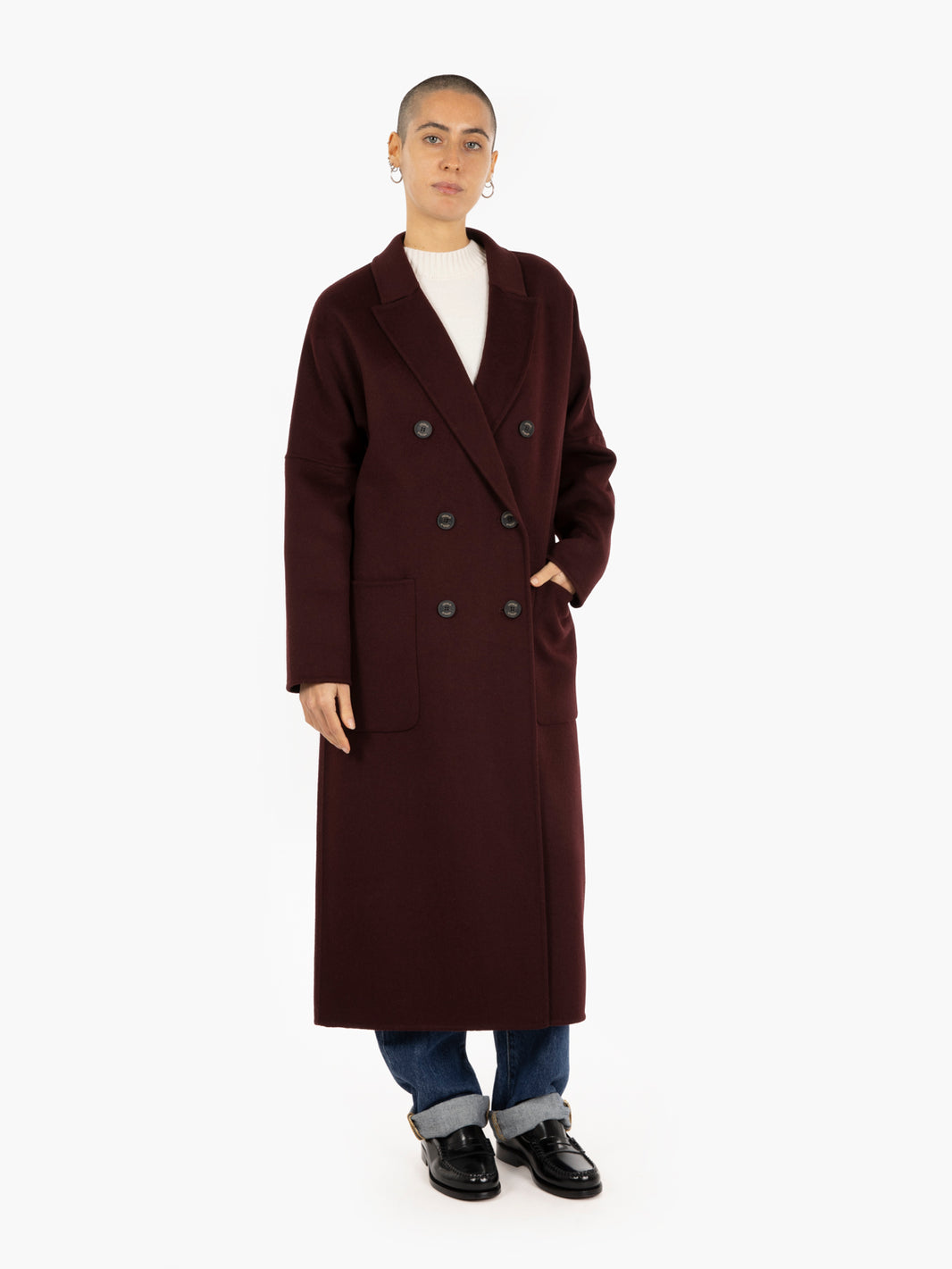 Long double-breasted burgundy coat