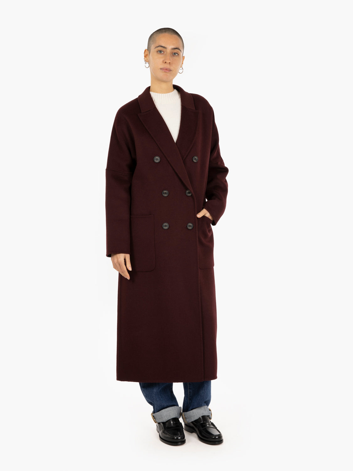Long double-breasted burgundy coat