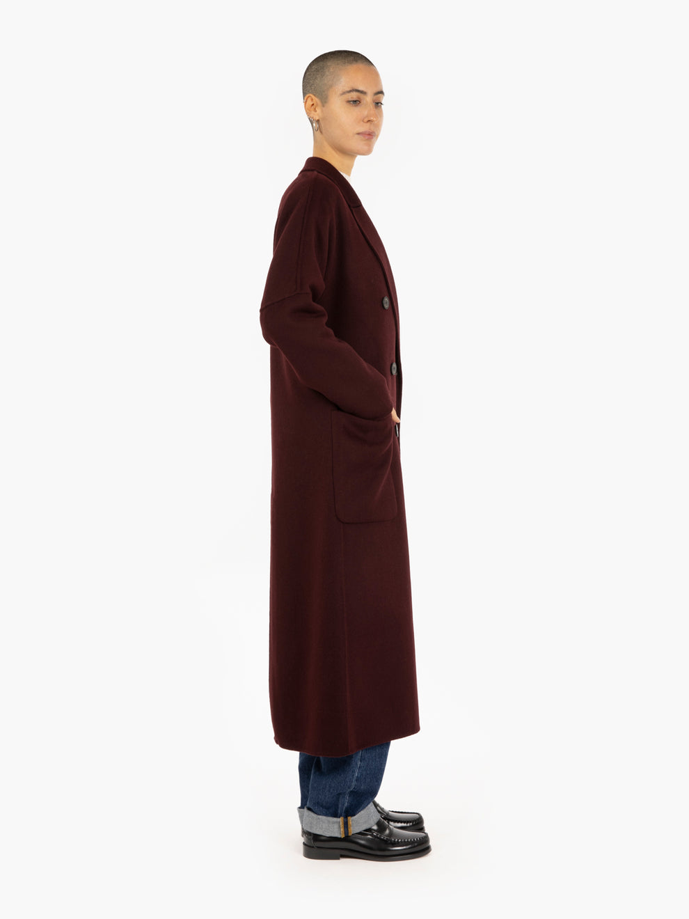 Long double-breasted burgundy coat