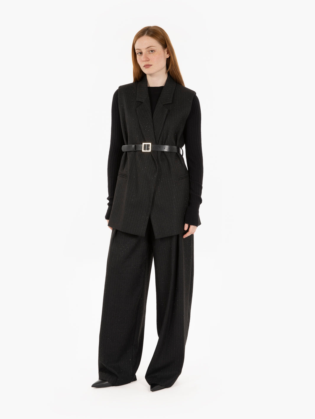 Long pinstriped vest with black rhinestones