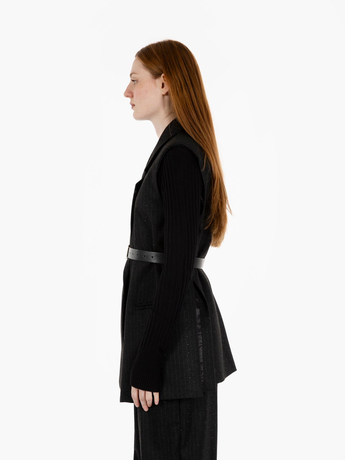 Long pinstriped vest with black rhinestones