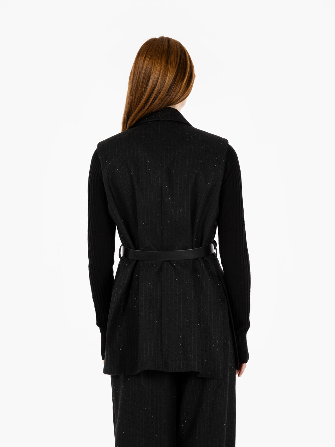 Long pinstriped vest with black rhinestones