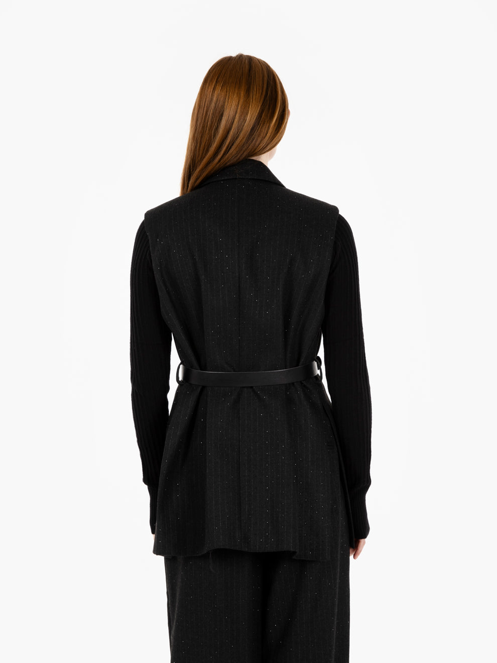 Long pinstriped vest with black rhinestones
