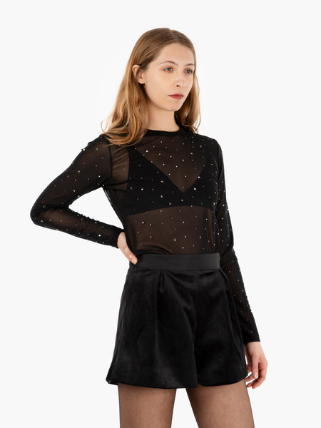 Maglia in tulle con strass nero