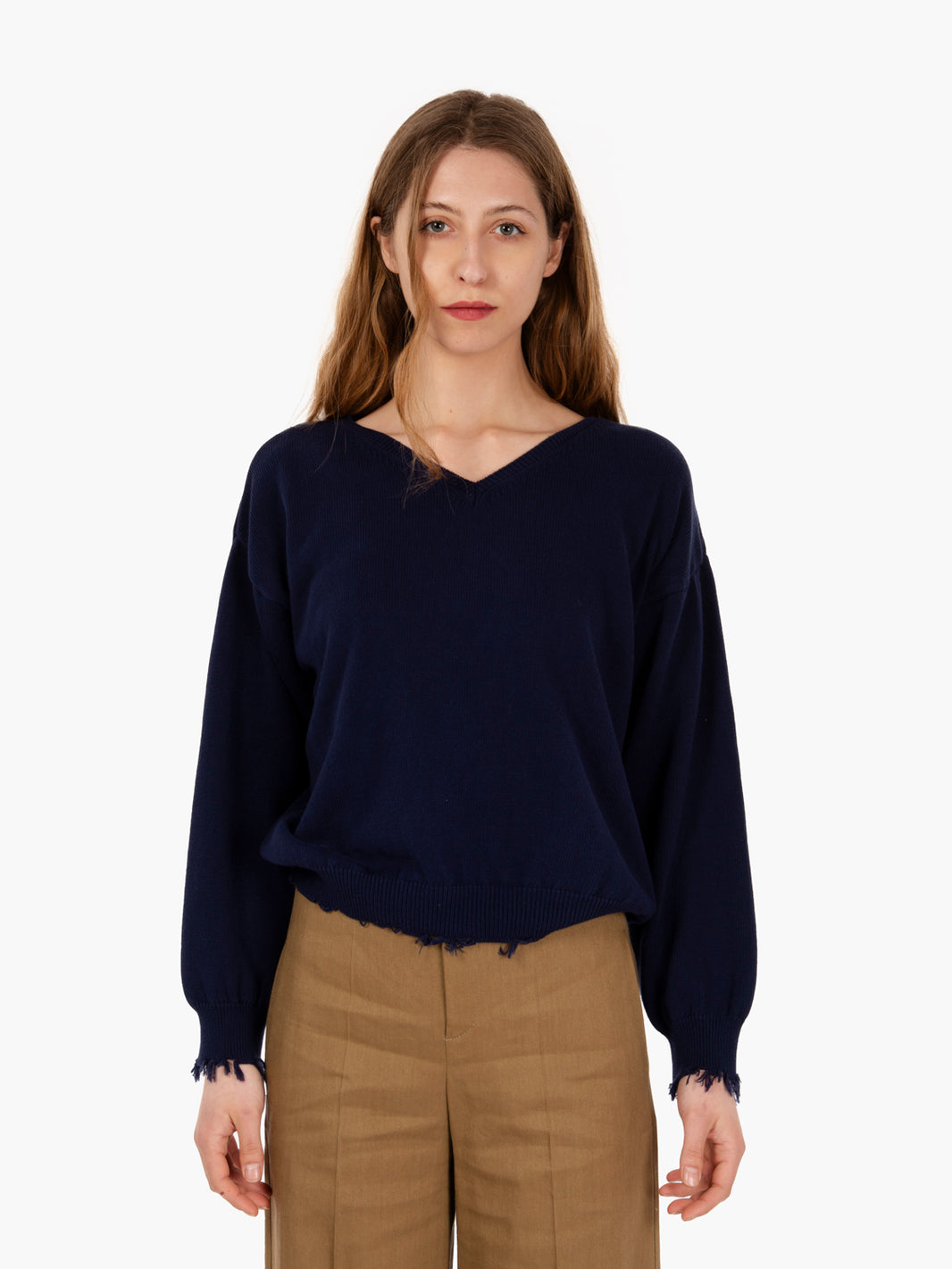 Blue frayed hem cotton sweater