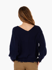 VICOLO - Maglione in cotone orlo sfrangiato blu