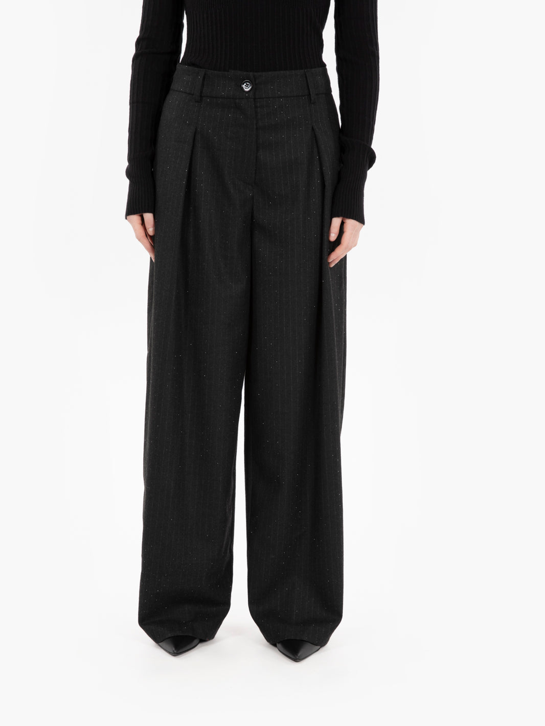 Black rhinestone pinstriped trousers