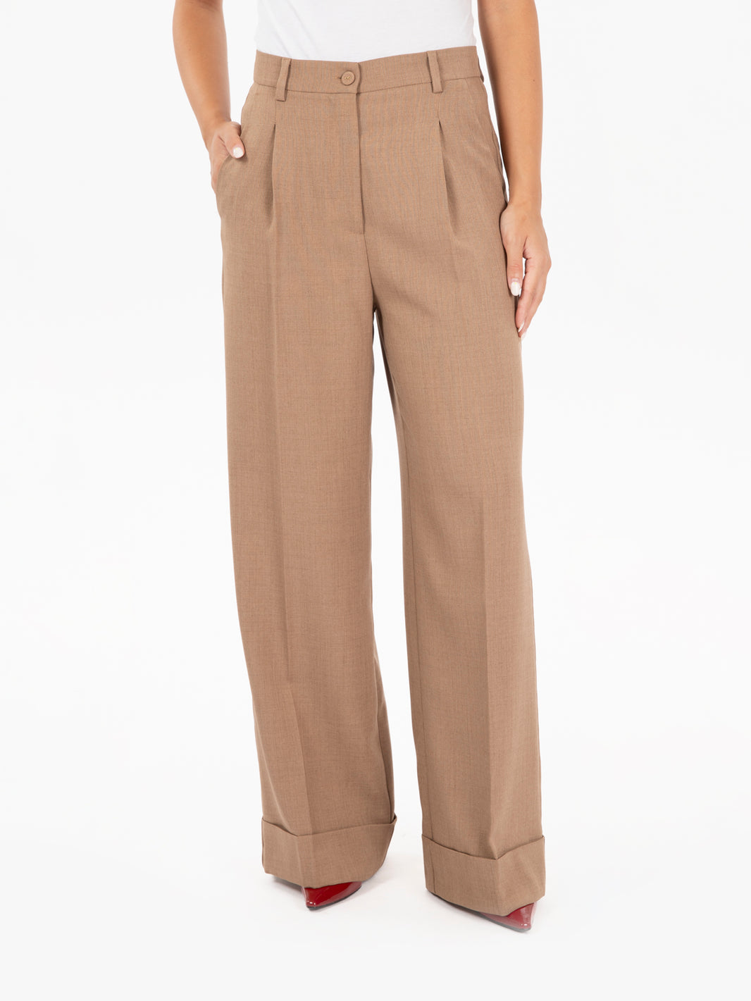 Pantaloni palazzo con risvolto beige