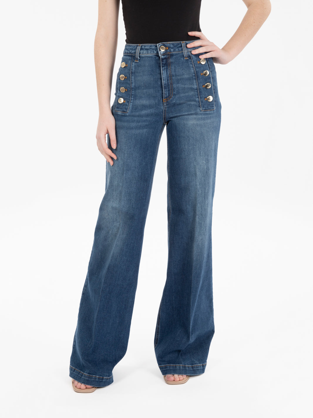 Pantapalazzo con bottoni frontali denim blu