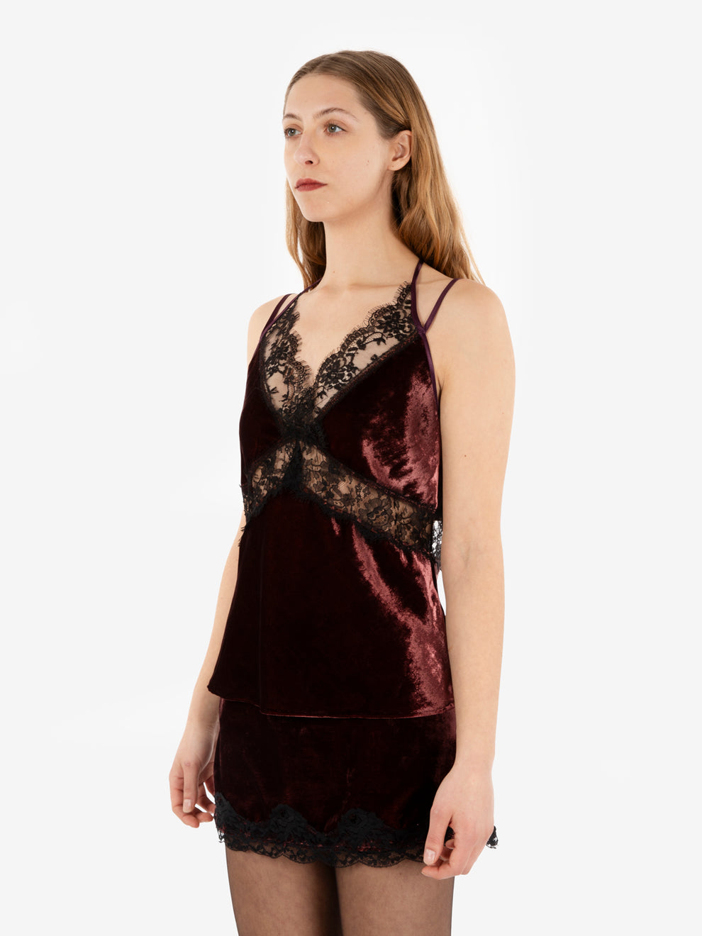 Burgundy velvet and lace top