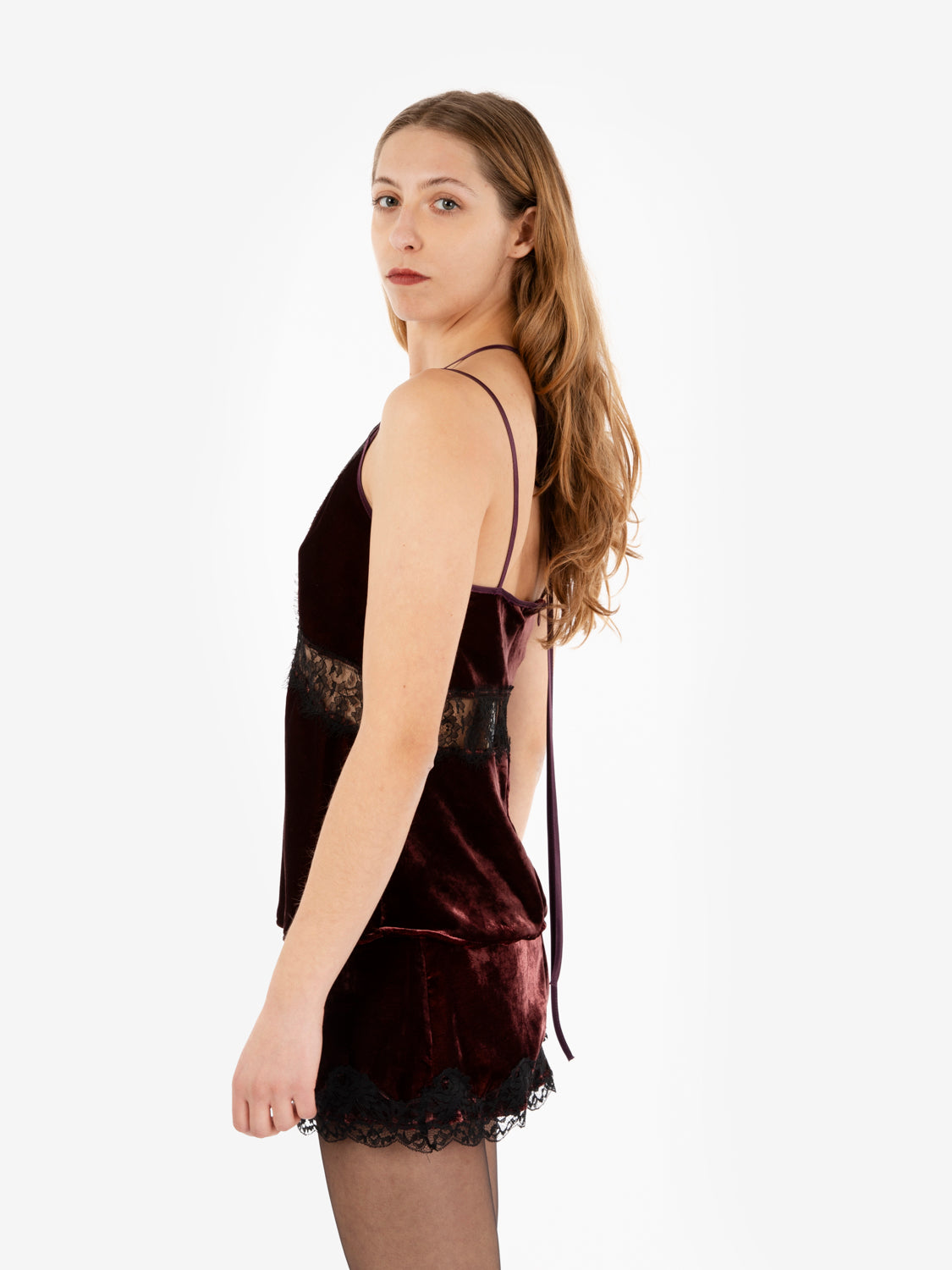 Burgundy velvet and lace top