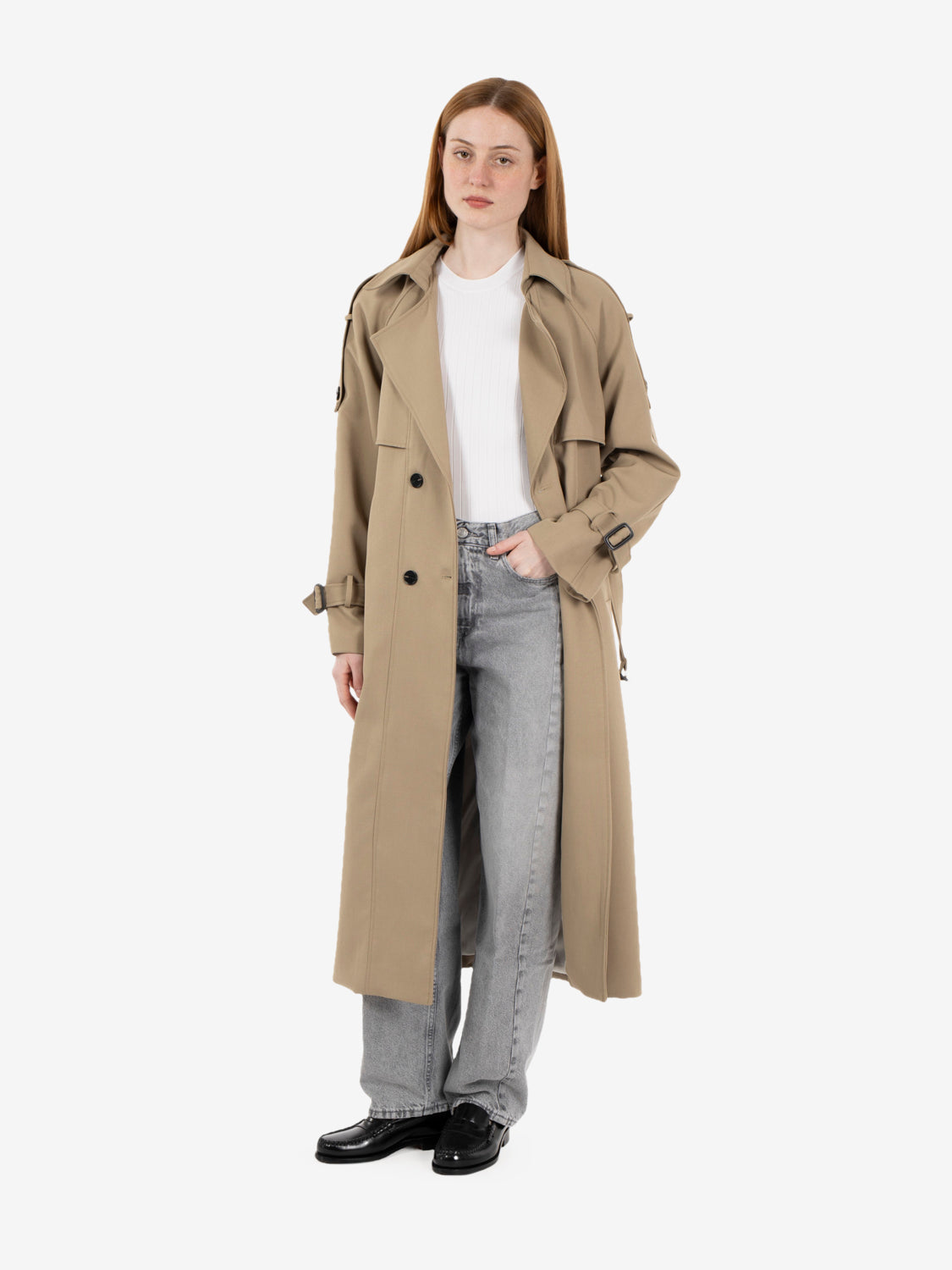Long beige trench coat