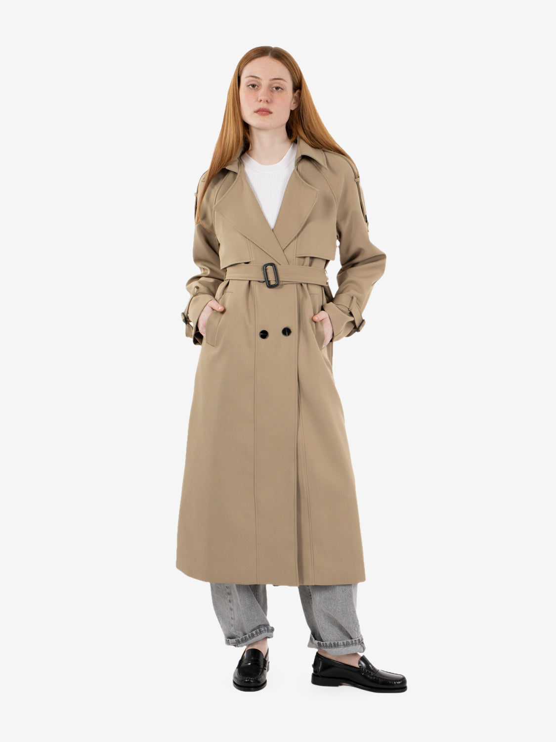 Long beige trench coat