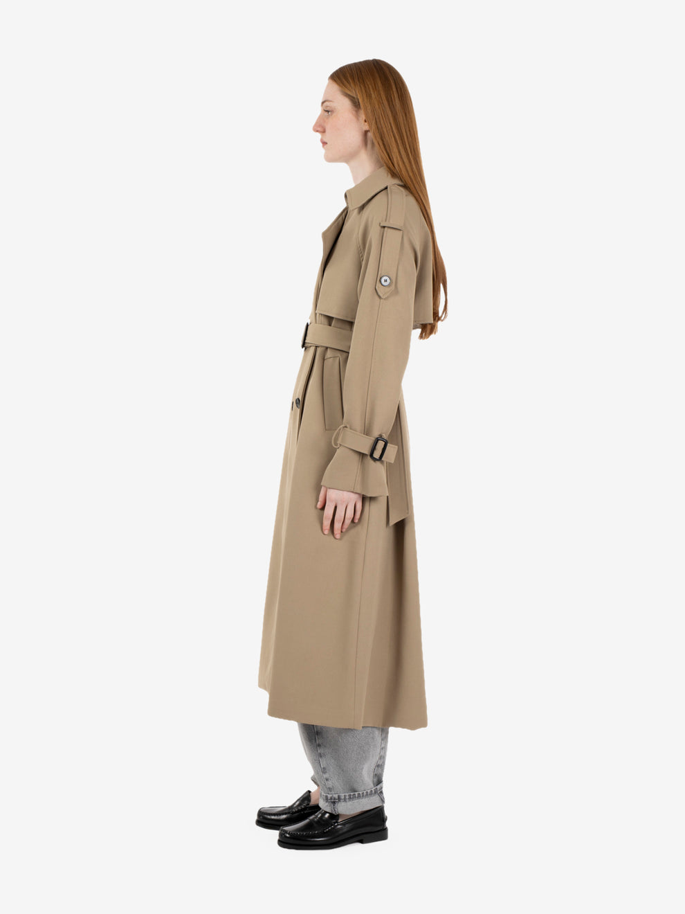 Long beige trench coat