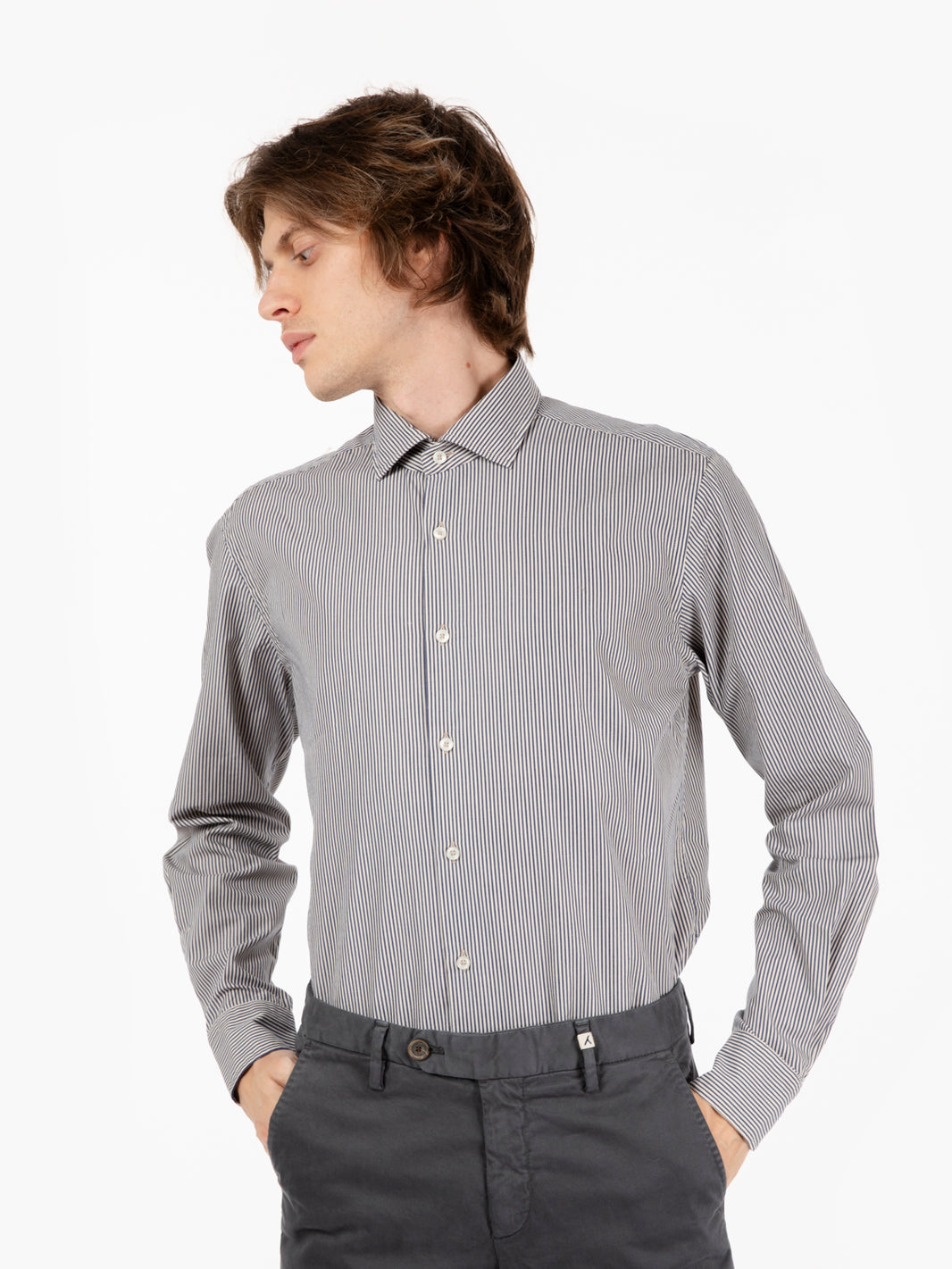 Shirt with micro vertical white/blue striped pattern