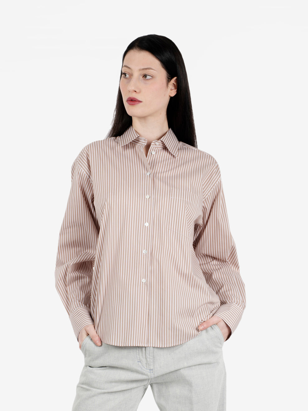 Camicia Dalia over in popeline a righe beige