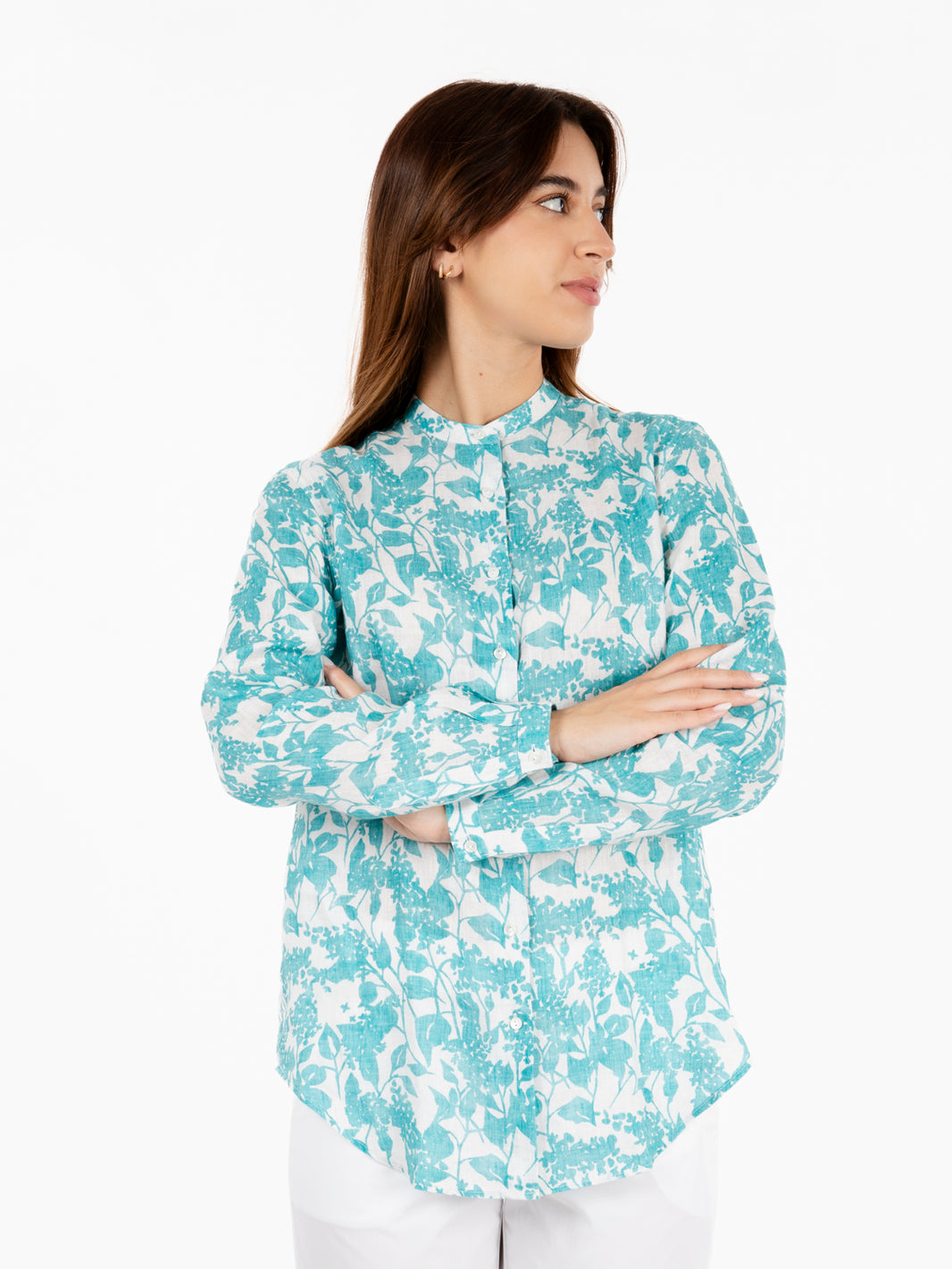 Camicia Marvi lino fantasia fiori ottanio