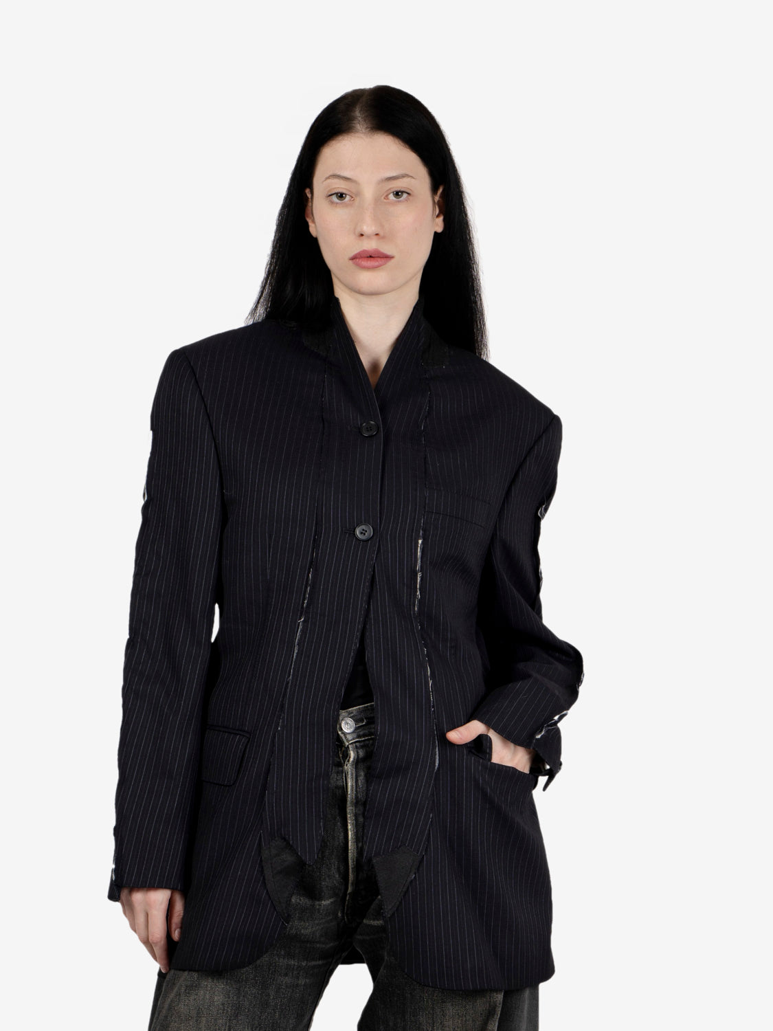 Blue slim-fit pinstripe long blazer
