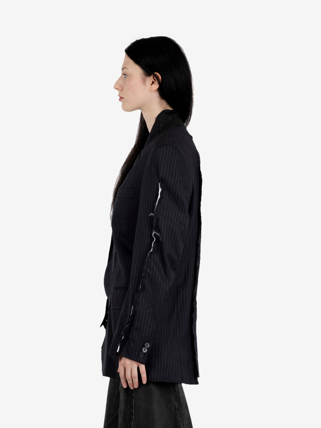 Blue slim-fit pinstripe long blazer