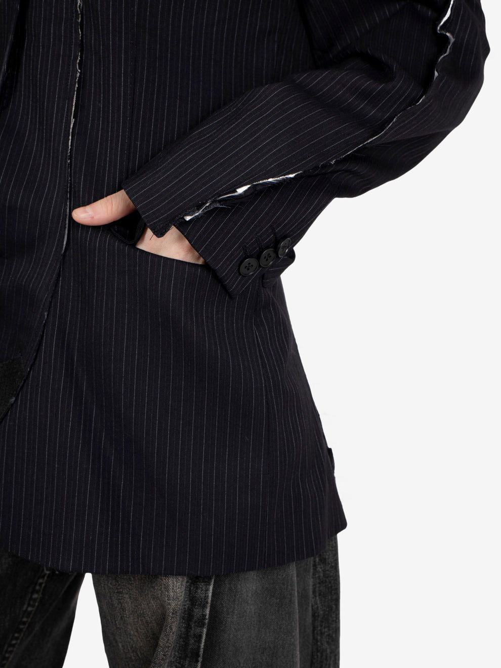 Blue slim-fit pinstripe long blazer