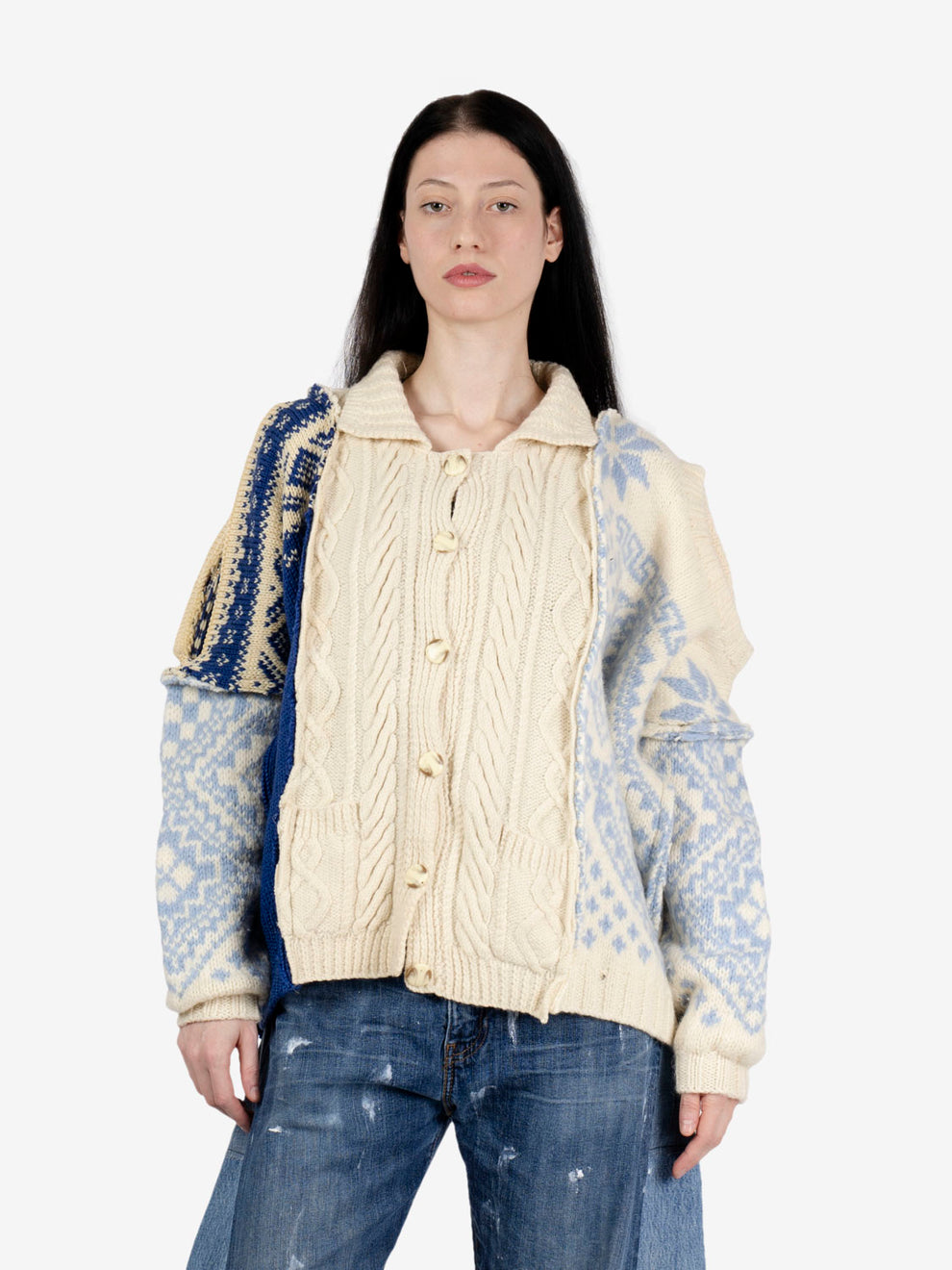Patchwork cardigan over white / blue