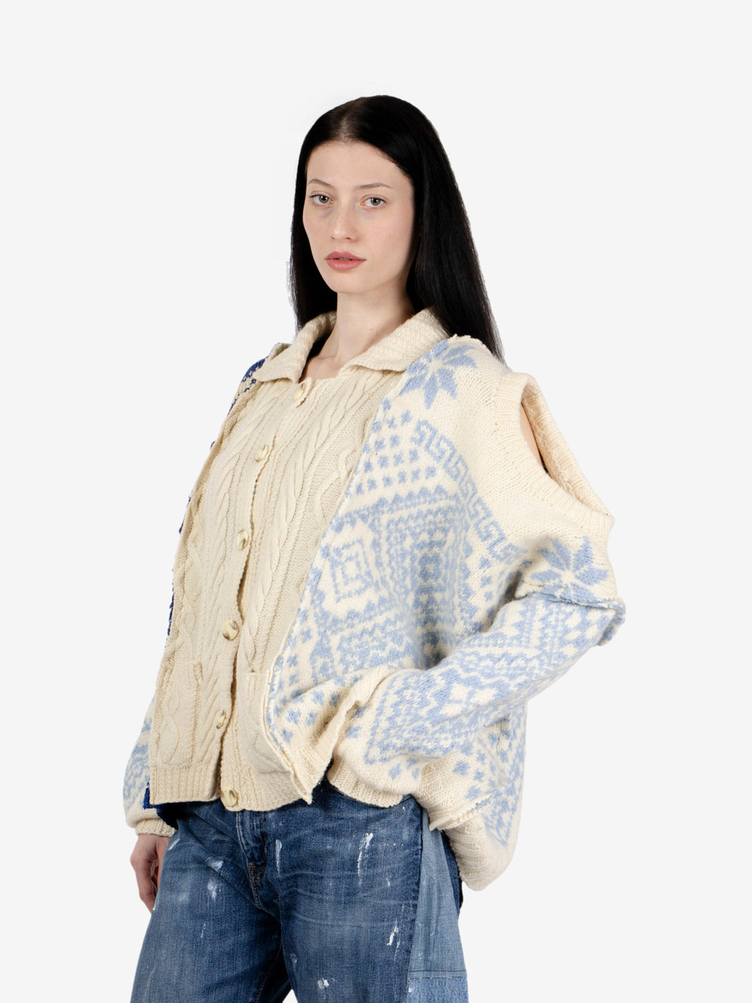 Cardigan patchwork over bianco / blu