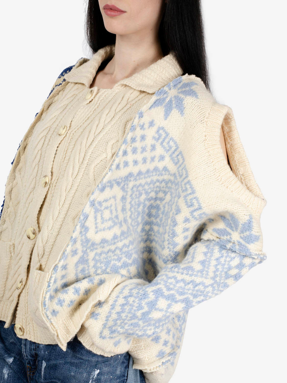 Patchwork cardigan over white / blue