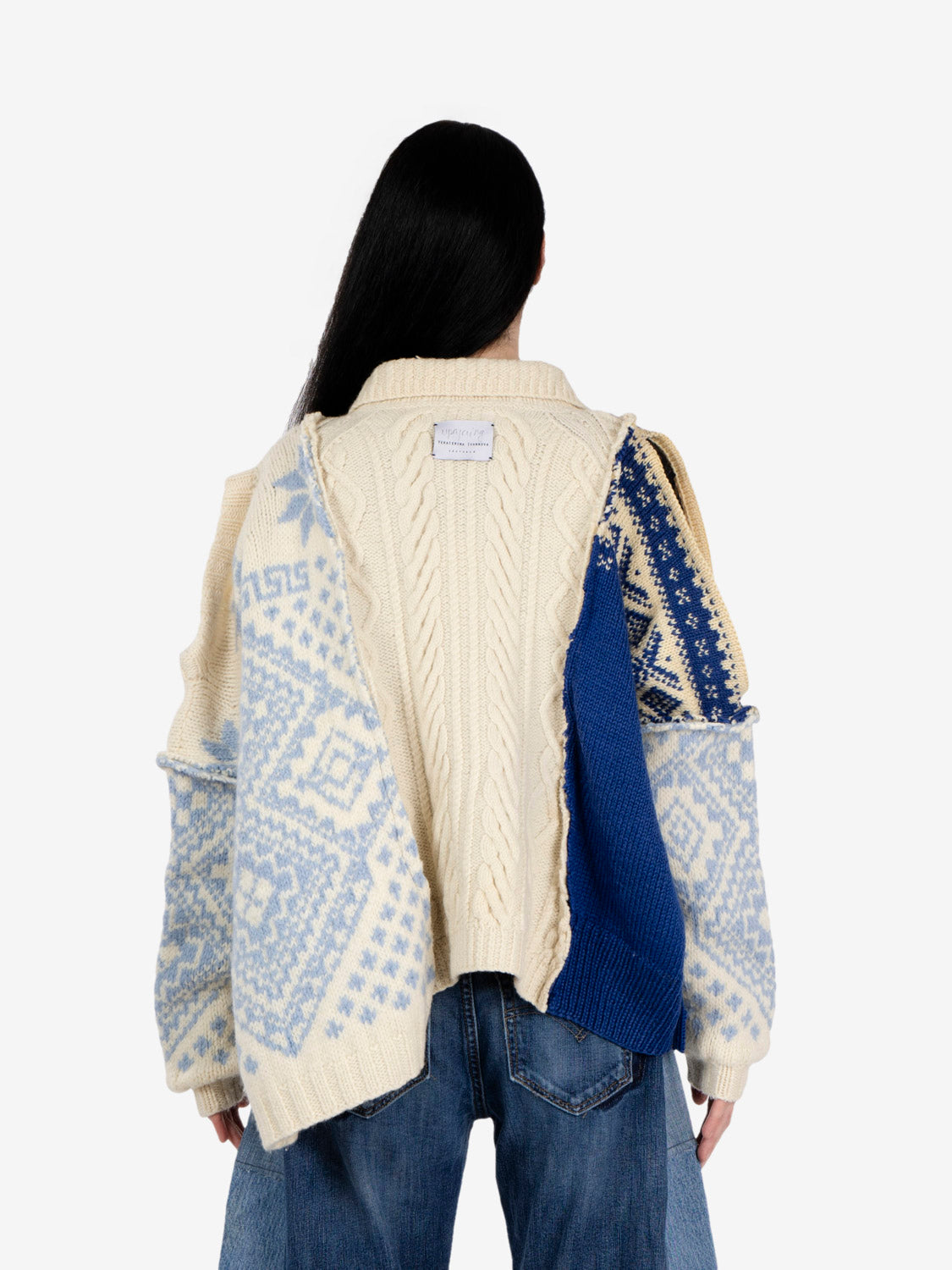 Patchwork cardigan over white / blue