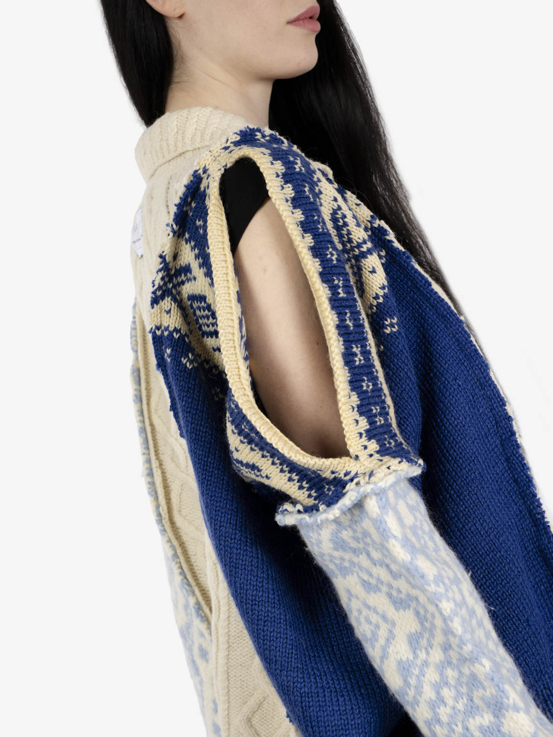 Patchwork cardigan over white / blue