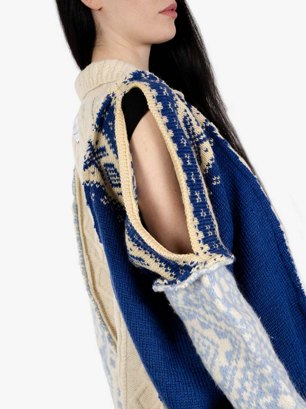 Patchwork cardigan over white / blue