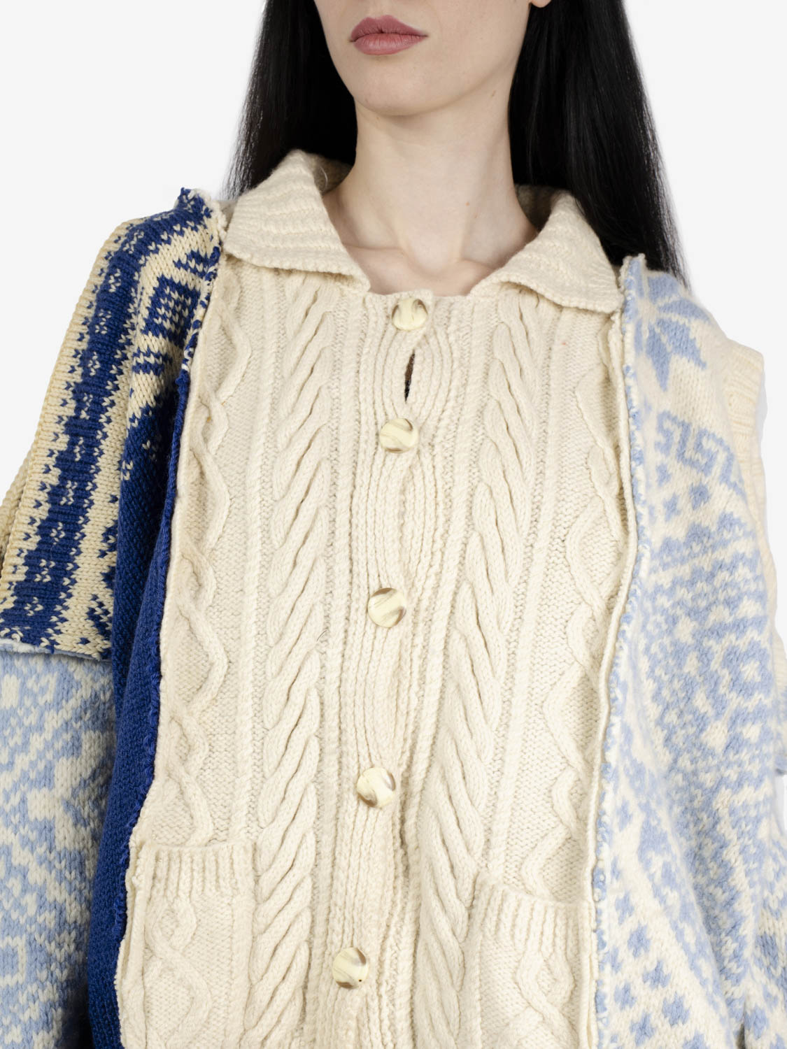 Patchwork cardigan over white / blue