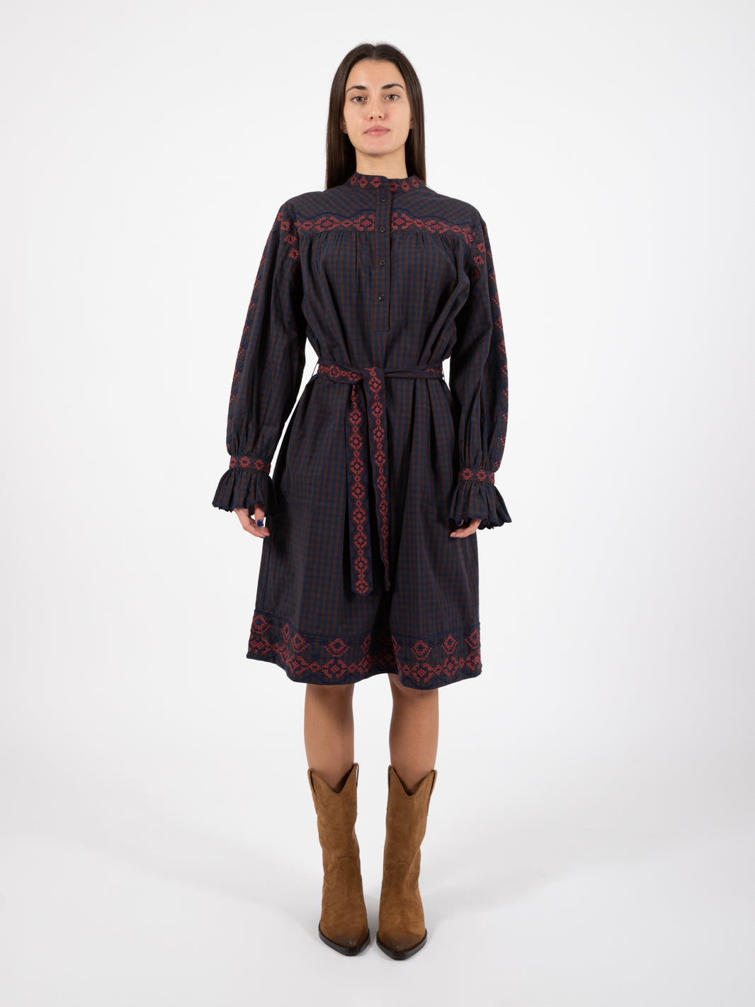 Abery Checked Dress Navy/Brown
