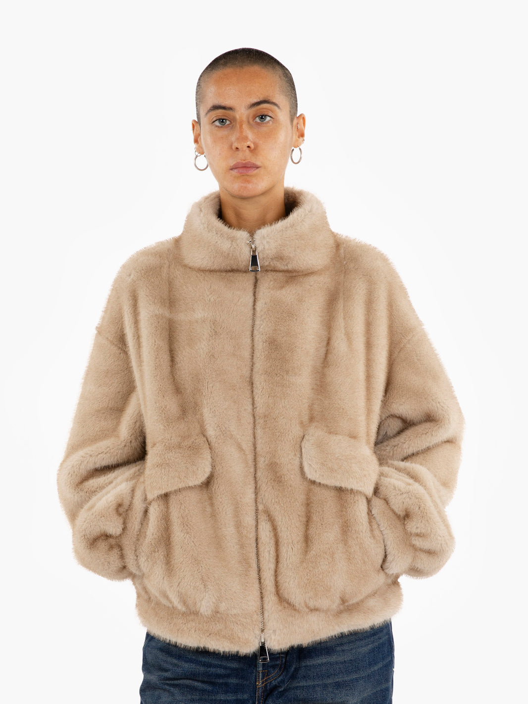 Beige faux fur bomber jacket