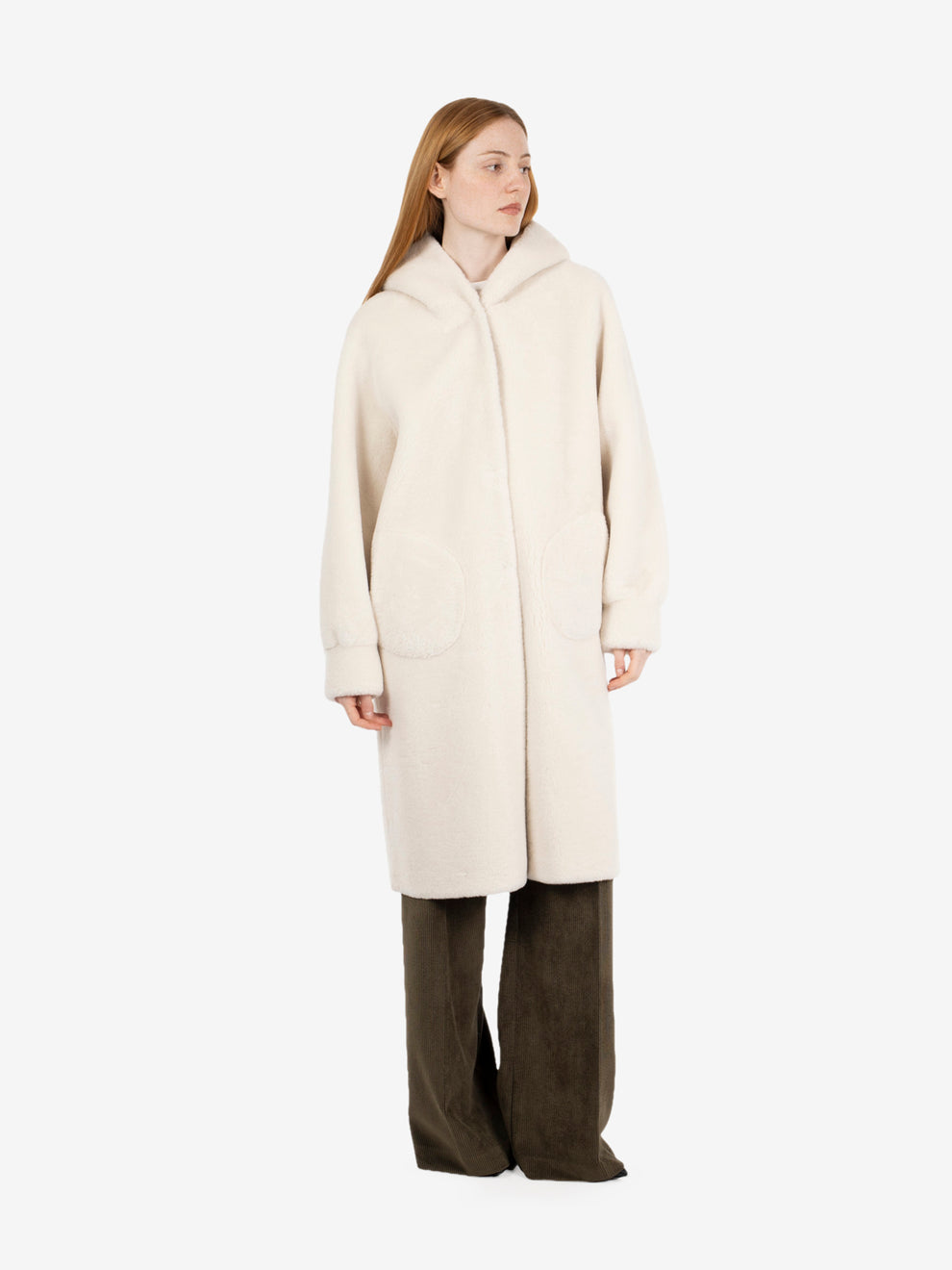 Cappotto lungo con cappuccio reversibile panna