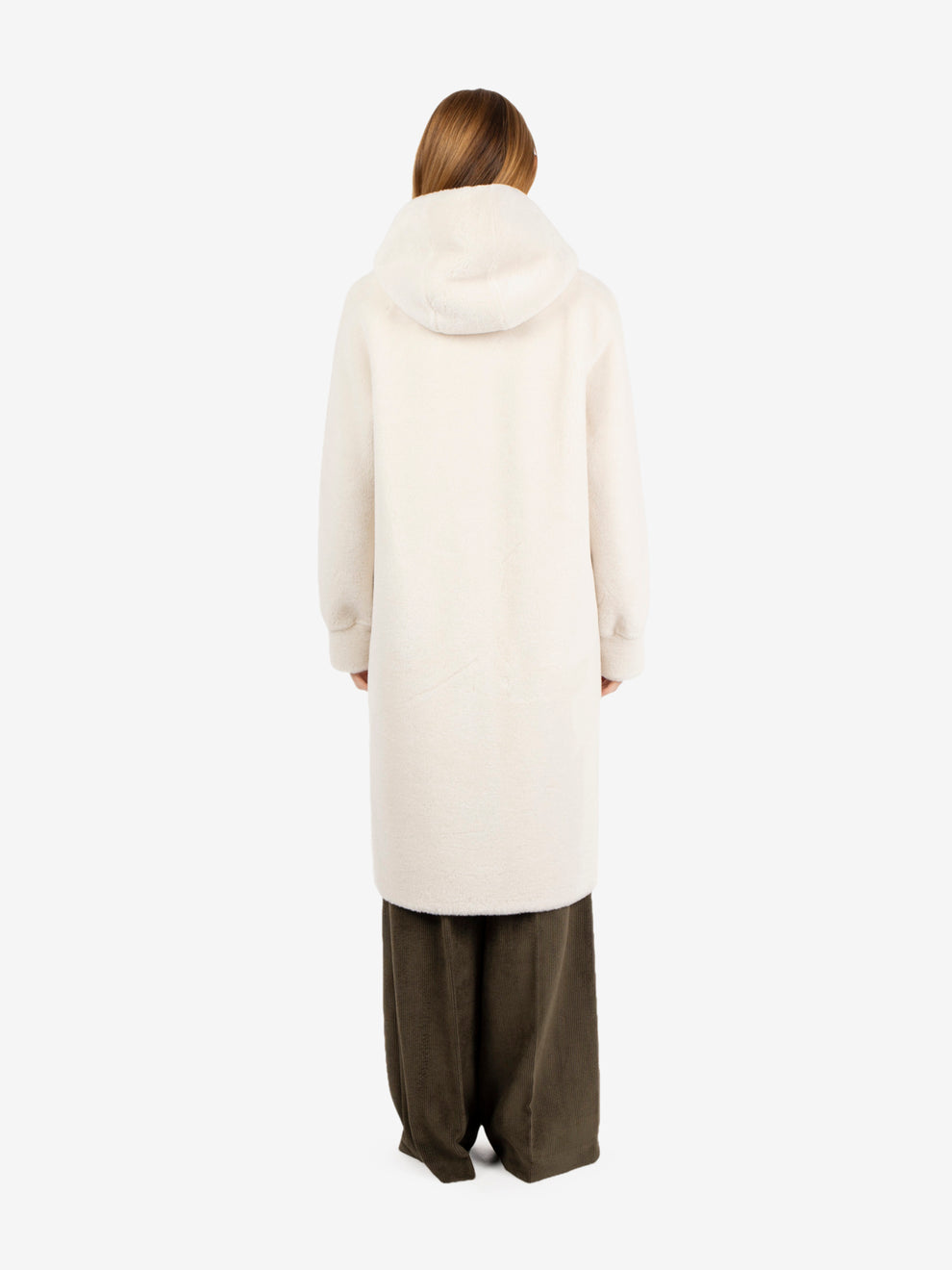 Cappotto lungo con cappuccio reversibile panna