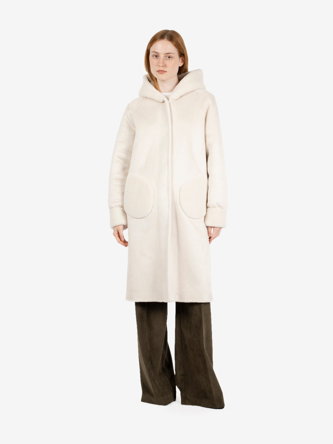 Cappotto lungo con cappuccio reversibile panna