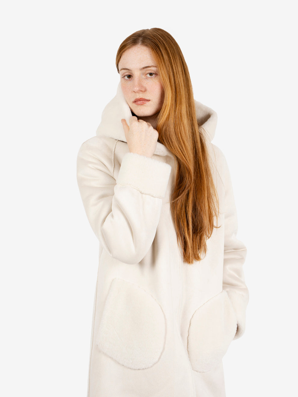 Cappotto lungo con cappuccio reversibile panna