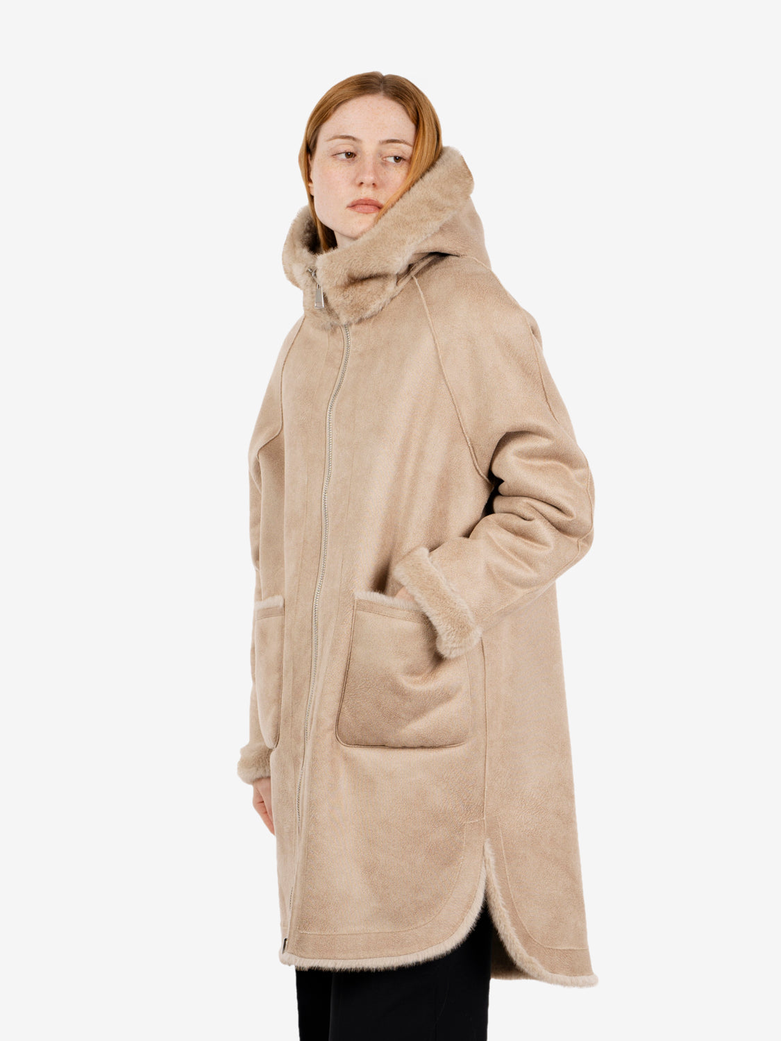 Cappotto lungo reversibile con cappuccio beige