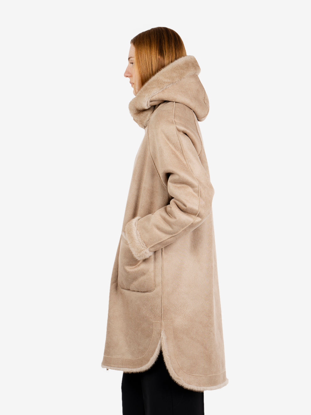 Cappotto lungo reversibile con cappuccio beige