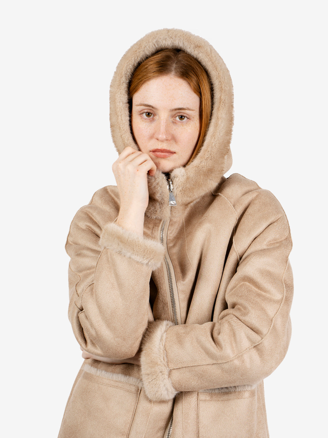 Cappotto lungo reversibile con cappuccio beige