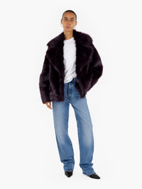 Short aubergine eco fur coat