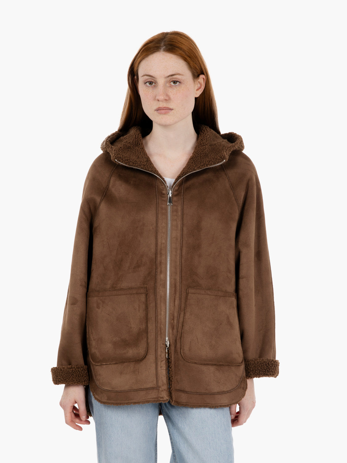 Double-face jacket with dark brown hood