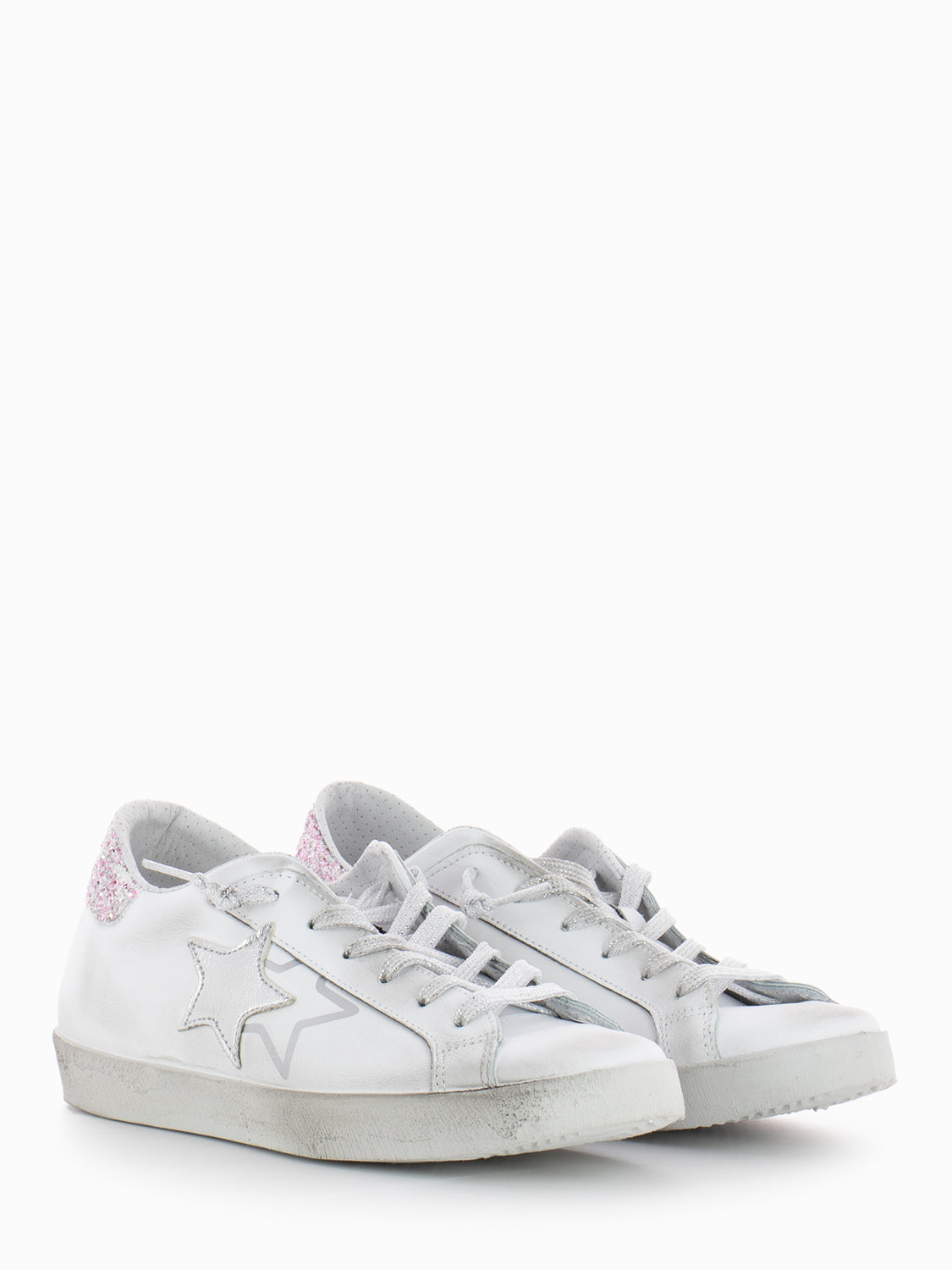 Low sneakers white / silver laminate / pink glitter