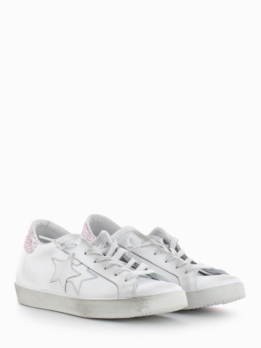 Low sneakers white / silver laminate / pink glitter