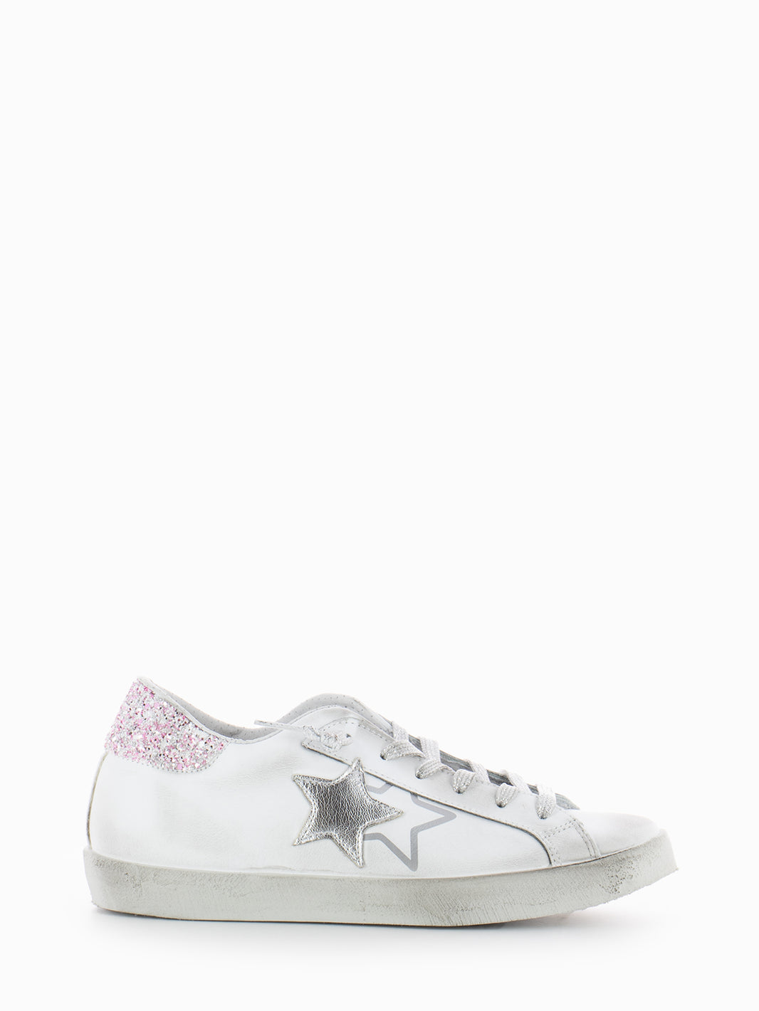 Low sneakers white / silver laminate / pink glitter